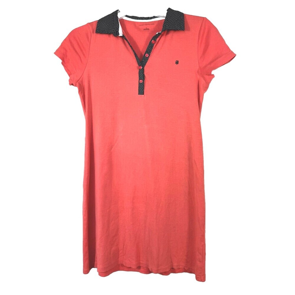 Tommy Hilfiger Polo Coral Red Shirt Dress Women’s Size  M  Polka Dot Pullover